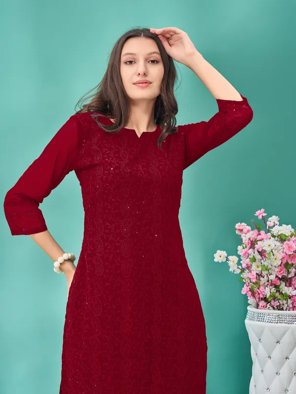 Maroon_Premium_Georgette_Embroidered_Kurta_For_Women