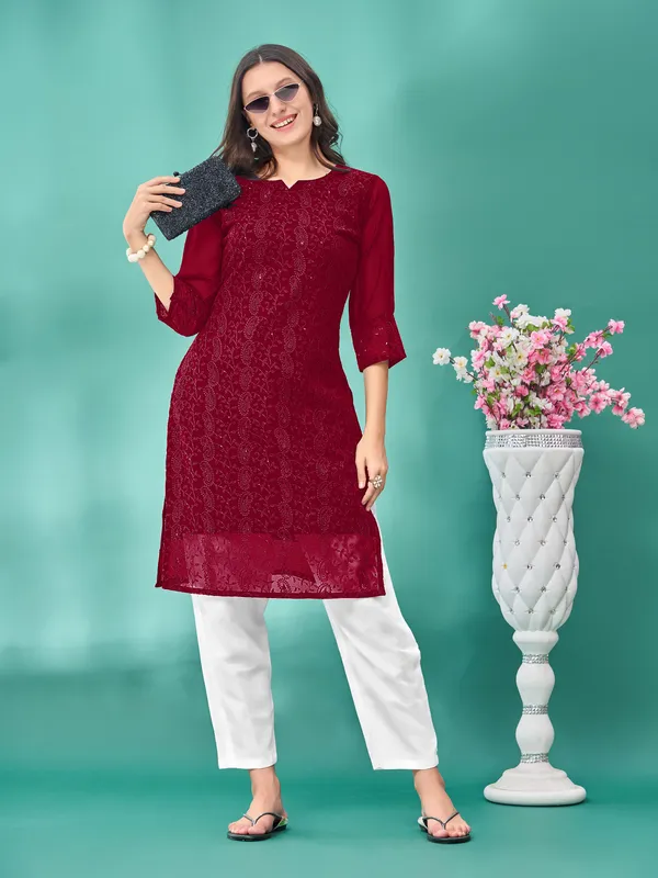 Maroon_Premium_Georgette_Embroidered_Kurta_For_Women