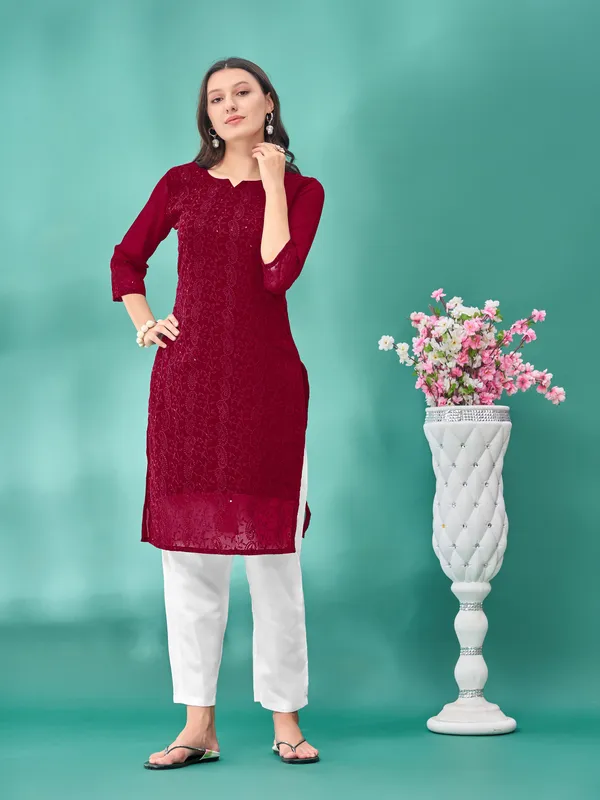 Maroon_Premium_Georgette_Embroidered_Kurta_For_Women
