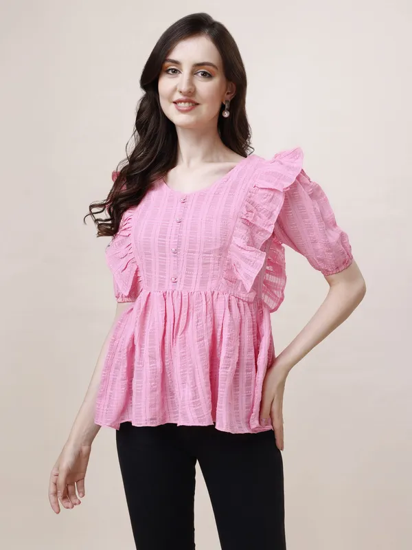 Pink_Premium_Georgette_Striped_Ruffled_Top_For_Women