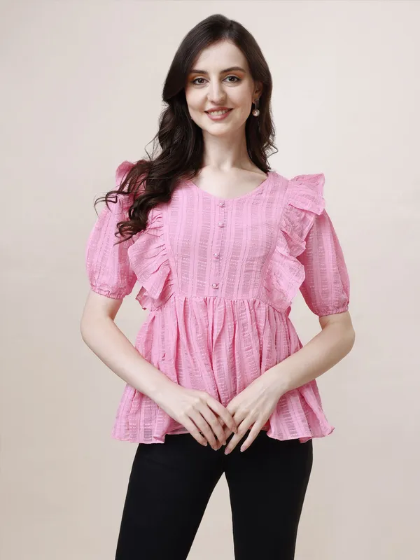 Pink_Premium_Georgette_Striped_Ruffled_Top_For_Women