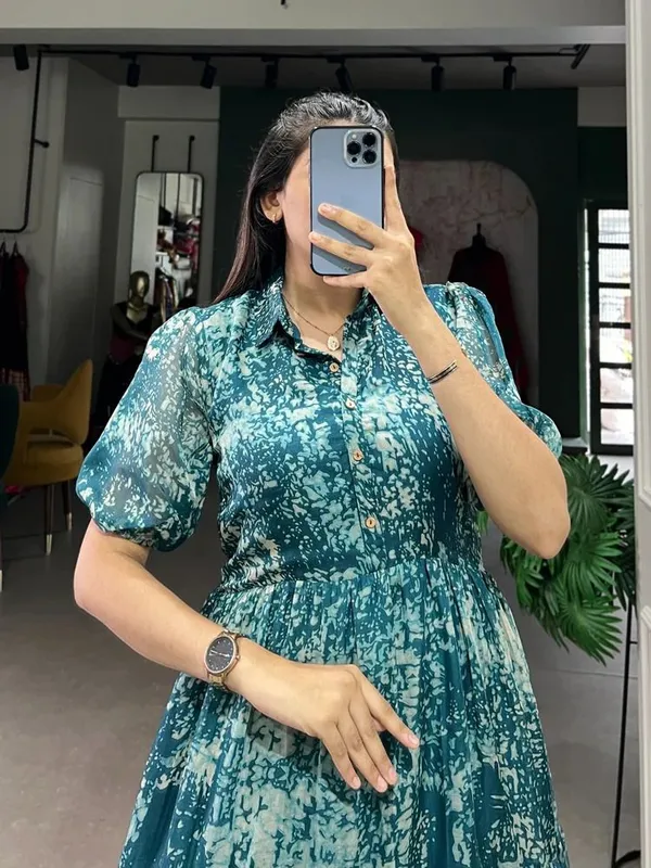 Dark_Green_Premium_Georgette_Printed_Dress_For_Women
