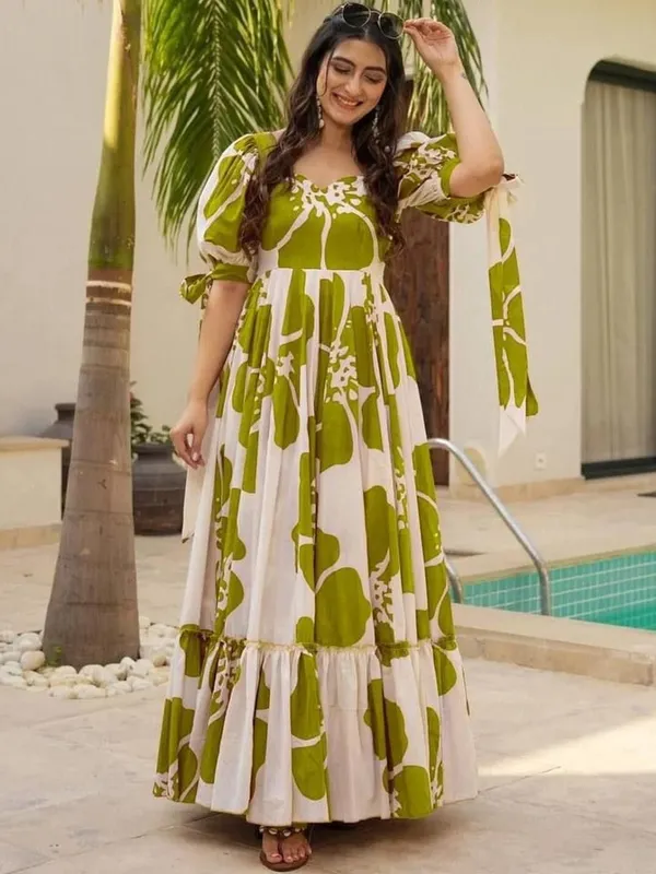 Light_Green_&_White_Premium_Viscose_Rayon_Floral_Print_Flared/A-Line_Gown_For_Women