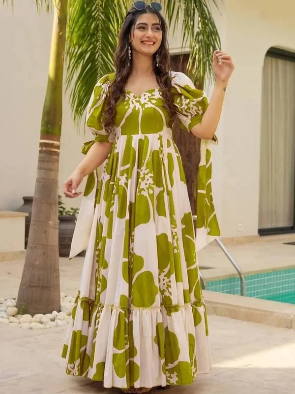 Light_Green_&_White_Premium_Viscose_Rayon_Floral_Print_Flared/A-Line_Gown_For_Women
