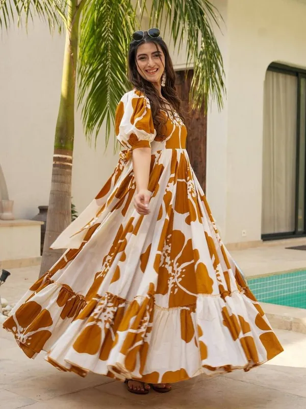 Yellow_&_White_Premium_Viscose_Rayon_Floral_Print_Flared/A-Line_Gown_For_Women