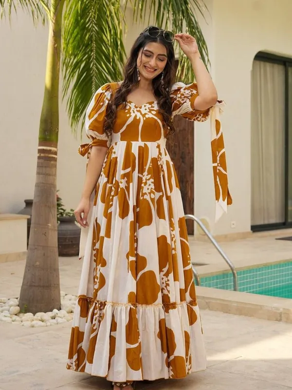 Yellow_&_White_Premium_Viscose_Rayon_Floral_Print_Flared/A-Line_Gown_For_Women