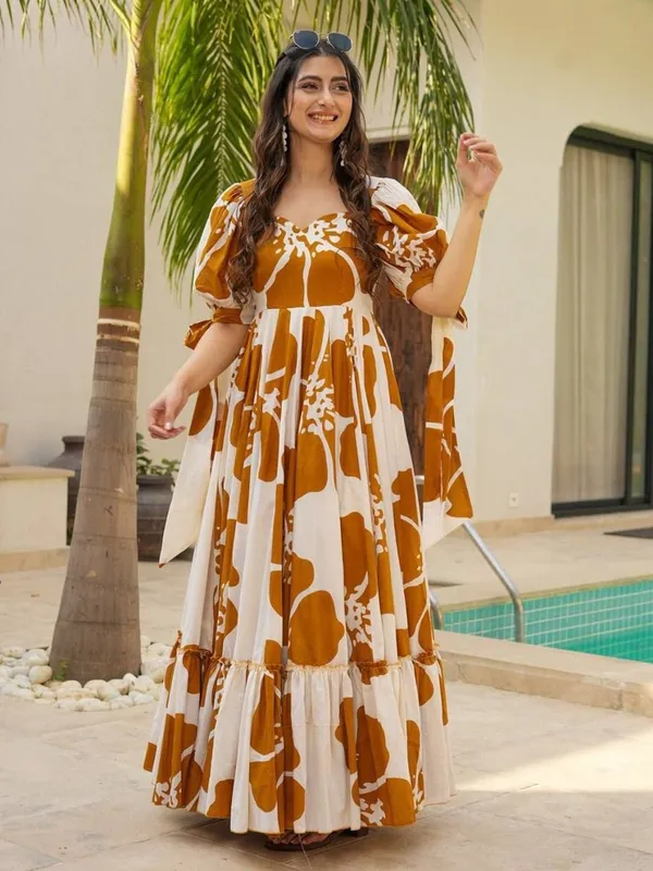 Yellow_&_White_Premium_Viscose_Rayon_Floral_Print_Flared/A-Line_Gown_For_Women