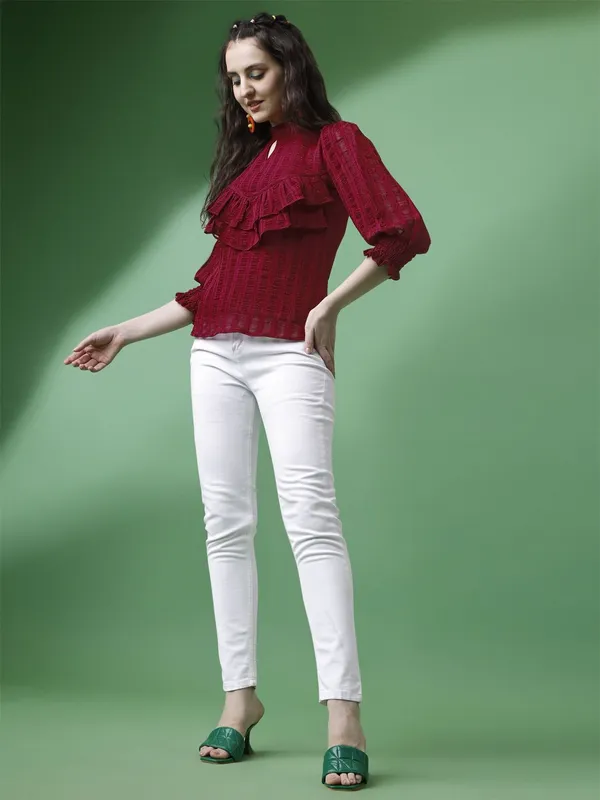Maroon_Premium_Georgette_Self_Design_Regular_Top_For_Women