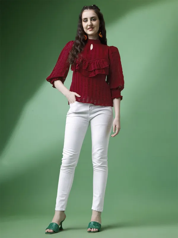 Maroon_Premium_Georgette_Self_Design_Regular_Top_For_Women