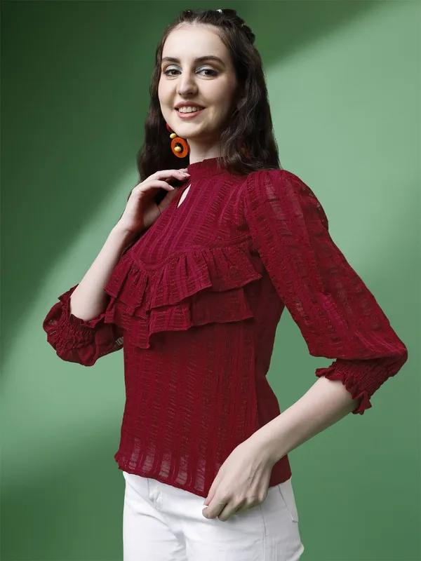Maroon_Premium_Georgette_Self_Design_Regular_Top_For_Women
