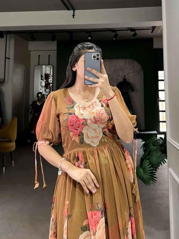 Brown_Premium_Georgette_Floral_Print_Dress_For_Women
