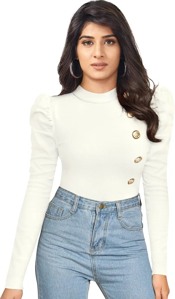 White_Solid_Polyester_High_Neck_Full_Sleeve_Regular_Top_For_Women