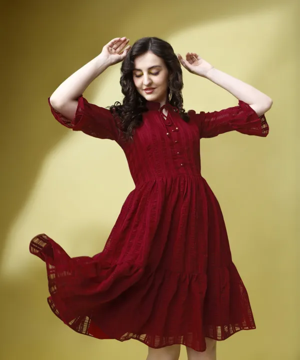 Maroon_Premium_Georgette_Striped_Dress_For_Women
