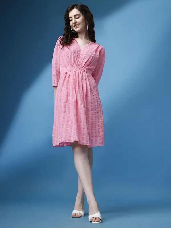 Pink_Premium_Georgette_Striped_Dress_For_Women