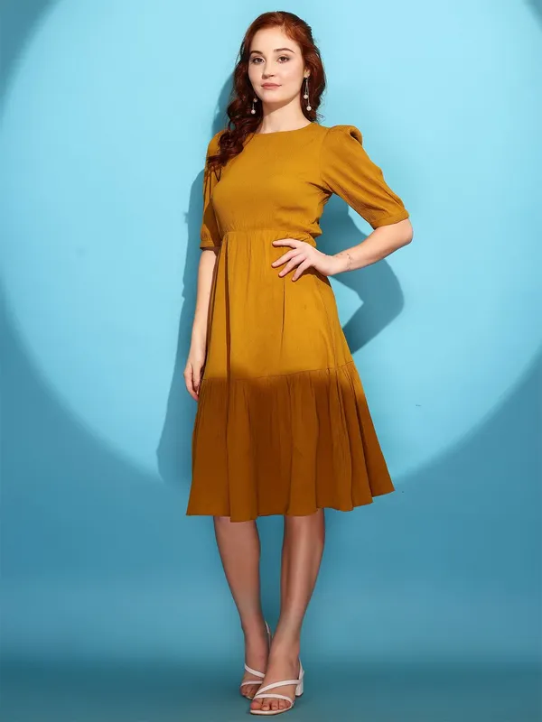 Yellow_Premium_Polyester_Solid_Dress_For_Women