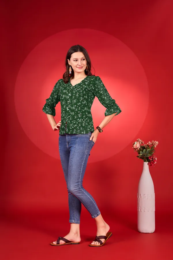 Dark_Green_Premium_Georgette_Printed_Regular_Top_For_Women