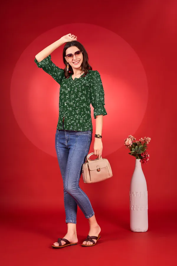 Dark_Green_Premium_Georgette_Printed_Regular_Top_For_Women