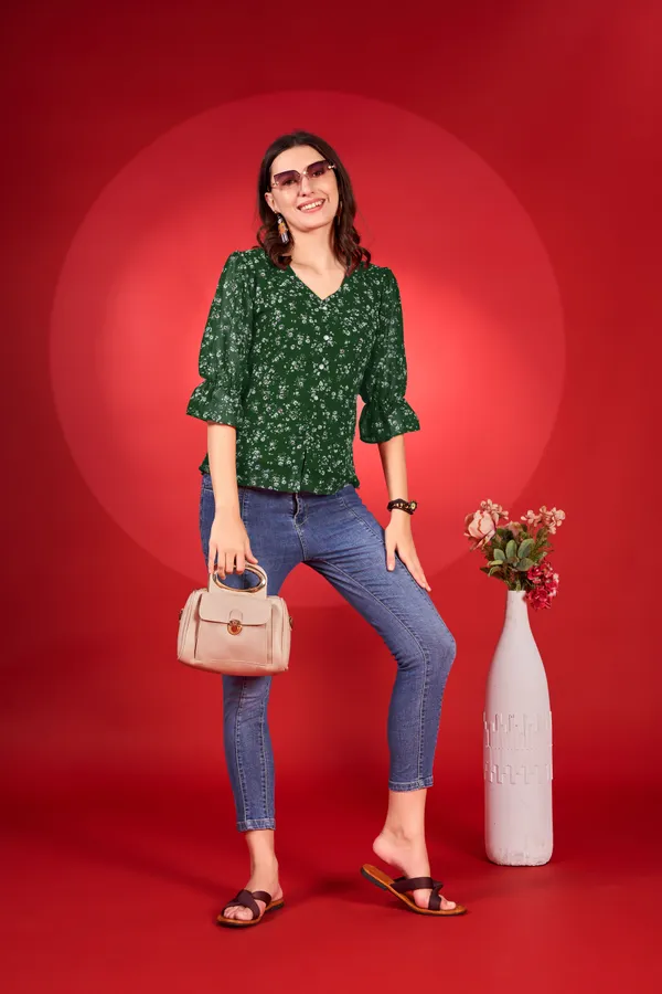 Dark_Green_Premium_Georgette_Printed_Regular_Top_For_Women