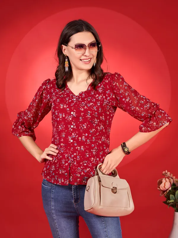 Red_Premium_Georgette_Printed_Regular_Top_For_Women