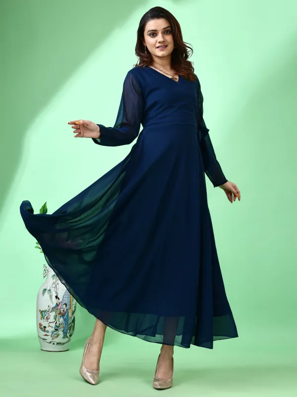 Blue_Premium_Georgette_Solid_Dress_For_Women