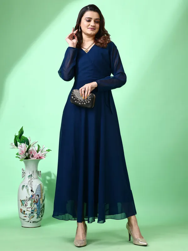 Blue_Premium_Georgette_Solid_Dress_For_Women