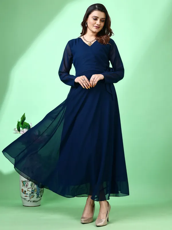 Blue_Premium_Georgette_Solid_Dress_For_Women