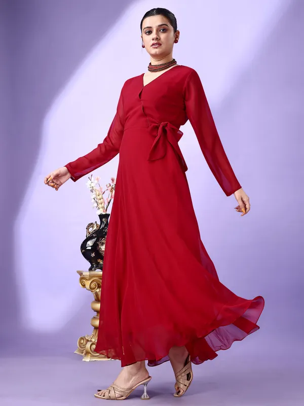Maroon_Premium_Georgette_Solid_Dress_For_Women
