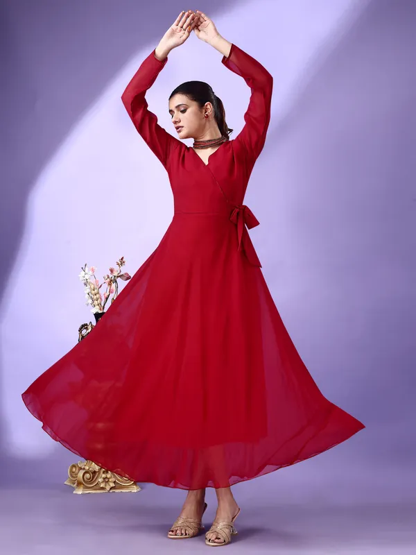 Maroon_Premium_Georgette_Solid_Dress_For_Women