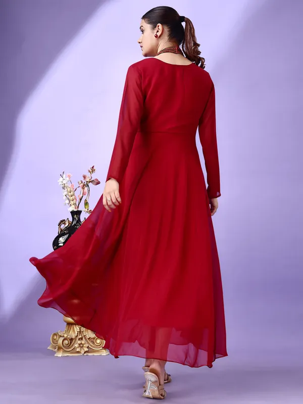 Maroon_Premium_Georgette_Solid_Dress_For_Women
