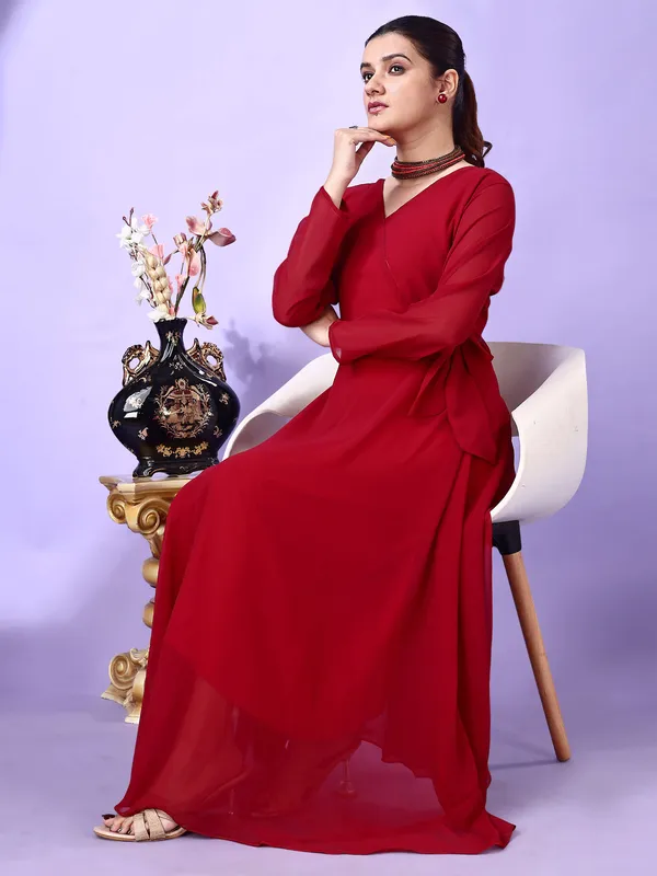 Maroon_Premium_Georgette_Solid_Dress_For_Women