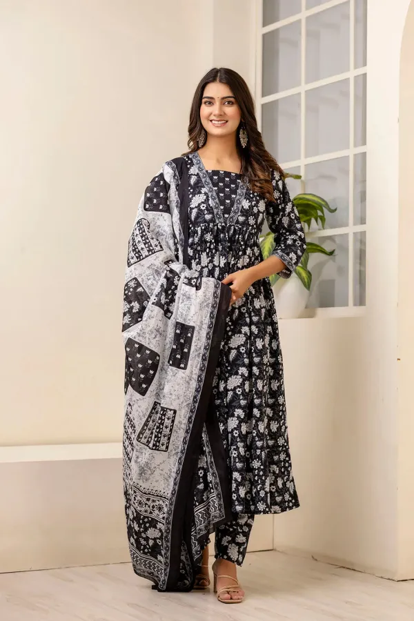 Black_Premium_Rayon_Floral_Print_Anarkali_Kurta,_Bottom_&_Dupatta_Set_For_Women