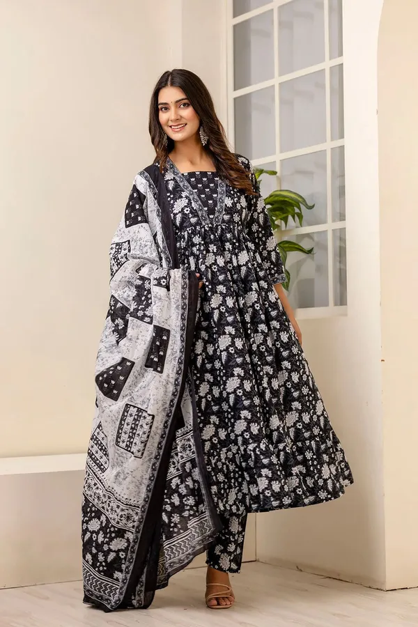 Black_Premium_Rayon_Floral_Print_Anarkali_Kurta,_Bottom_&_Dupatta_Set_For_Women