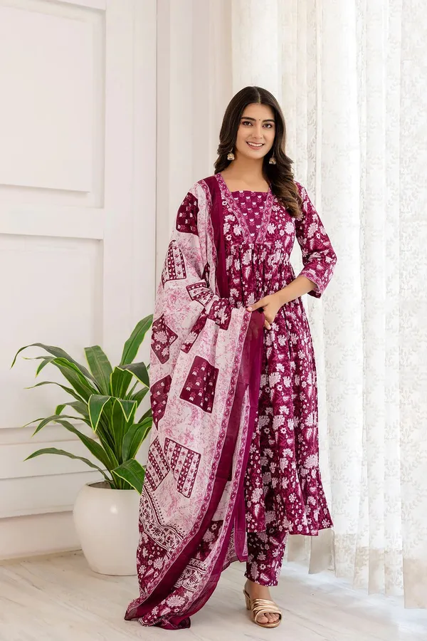 Purple_Premium_Rayon_Floral_Print_Anarkali_Kurta,_Bottom_&_Dupatta_Set_For_Women
