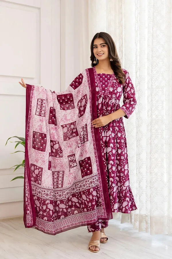 Purple_Premium_Rayon_Floral_Print_Anarkali_Kurta,_Bottom_&_Dupatta_Set_For_Women