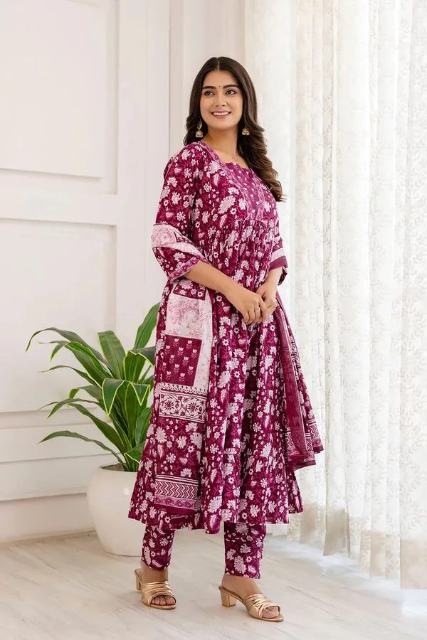 Purple_Premium_Rayon_Floral_Print_Anarkali_Kurta,_Bottom_&_Dupatta_Set_For_Women