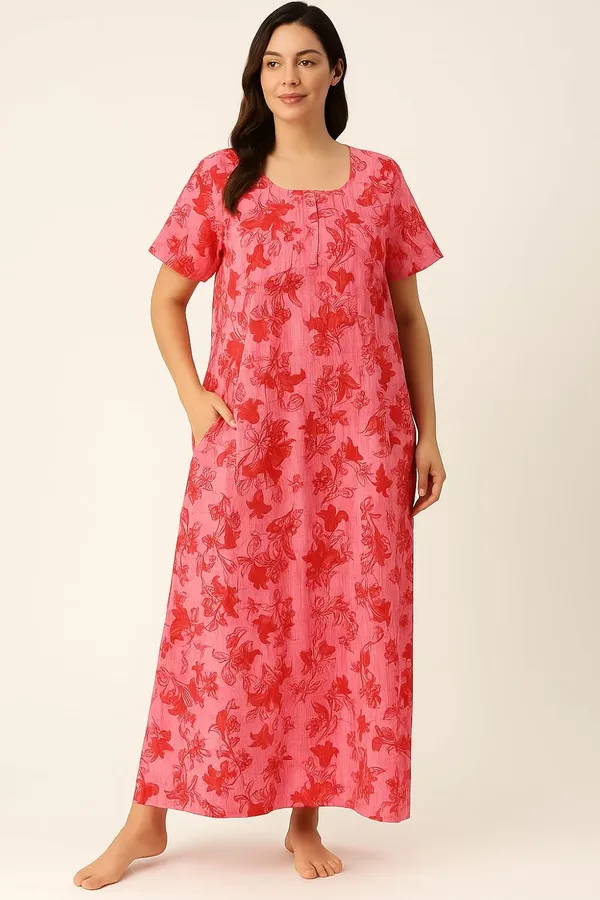 Rose_Pink_Pure_Cotton_Frock_Nighty_With_Pocket_Free_Size_Maxi_Dress_Cotton_Night_Dress_Gown_Stylish_Cotton_Nighty