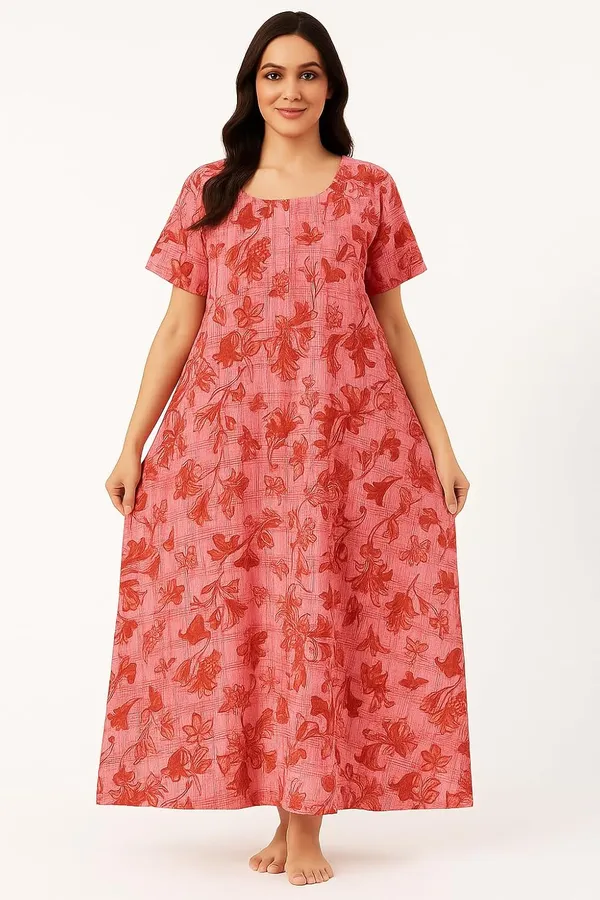 Berry_Red_Pure_Cotton_Frock_Nighty_With_Pocket_Free_Size_Maxi_Dress_Cotton_Night_Dress_Gown_Stylish_Cotton_Nighty