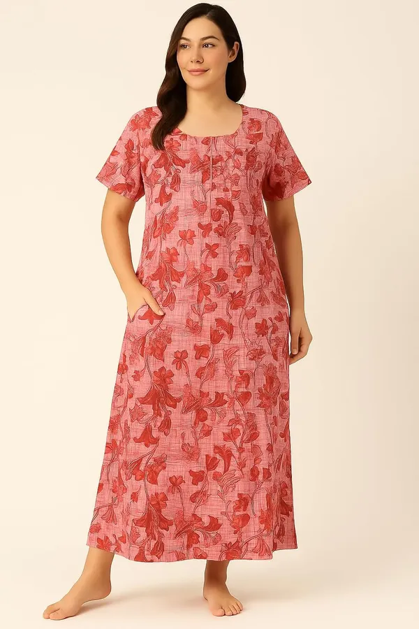 Berry_Red_Pure_Cotton_Frock_Nighty_With_Pocket_Free_Size_Maxi_Dress_Cotton_Night_Dress_Gown_Stylish_Cotton_Nighty