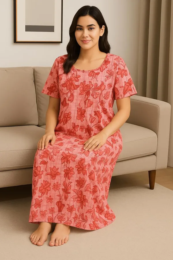 Berry_Red_Pure_Cotton_Frock_Nighty_With_Pocket_Free_Size_Maxi_Dress_Cotton_Night_Dress_Gown_Stylish_Cotton_Nighty