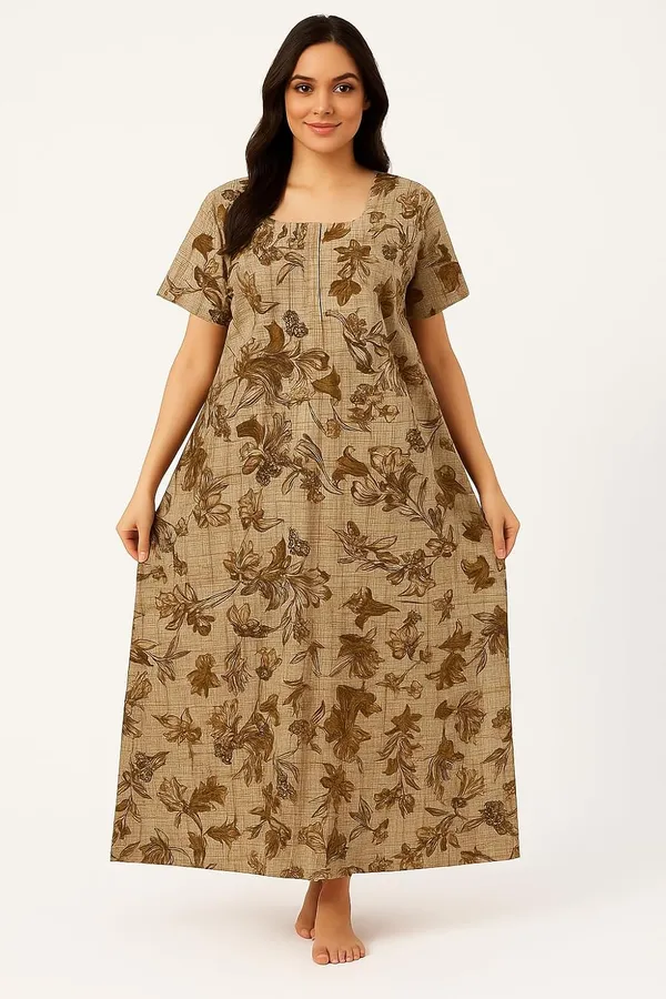 Earthy_Brown_Pure_Cotton_Frock_Nighty_With_Pocket_Free_Size_Maxi_Dress_Cotton_Night_Dress_Gown_Stylish_Cotton_Nighty_For_Women