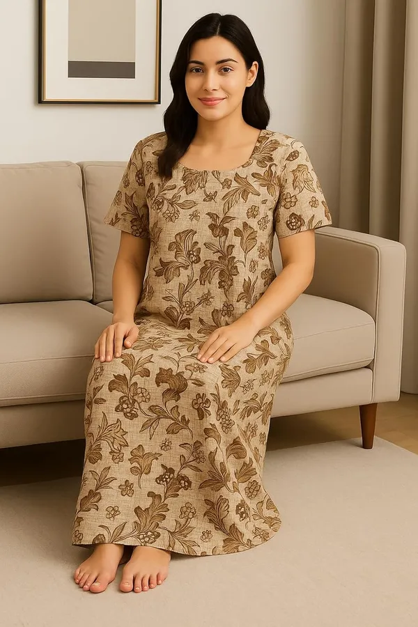 Earthy_Brown_Pure_Cotton_Frock_Nighty_With_Pocket_Free_Size_Maxi_Dress_Cotton_Night_Dress_Gown_Stylish_Cotton_Nighty_For_Women