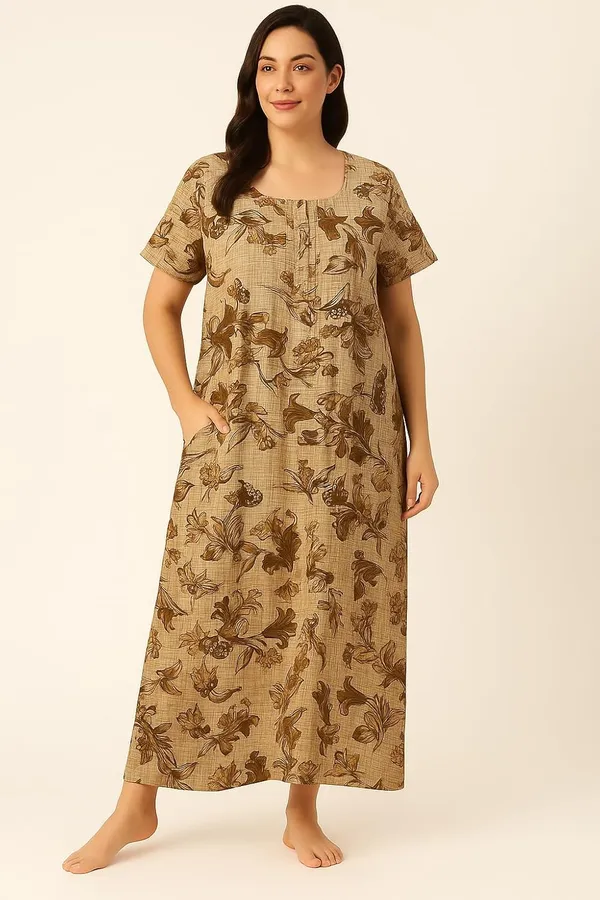 Earthy_Brown_Pure_Cotton_Frock_Nighty_With_Pocket_Free_Size_Maxi_Dress_Cotton_Night_Dress_Gown_Stylish_Cotton_Nighty_For_Women