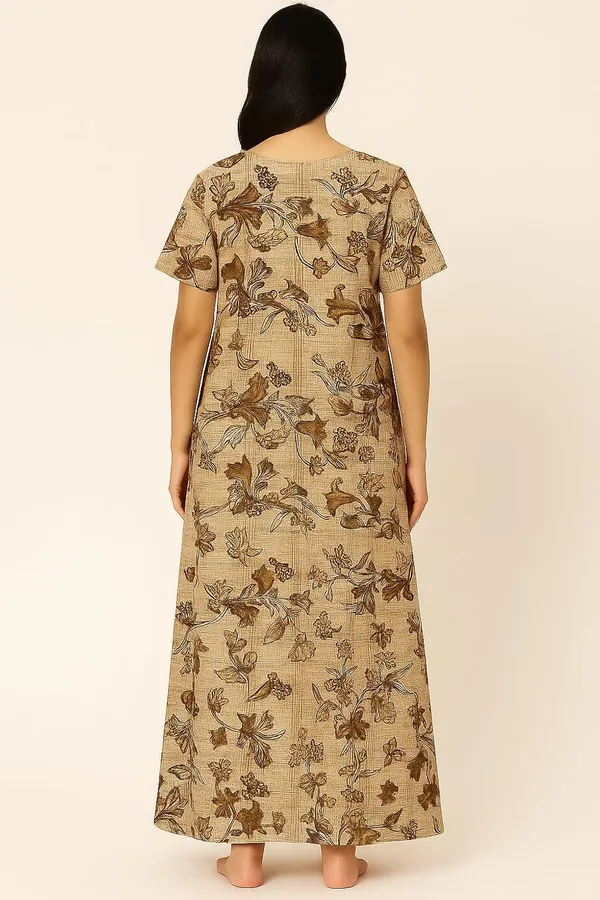 Earthy_Brown_Pure_Cotton_Frock_Nighty_With_Pocket_Free_Size_Maxi_Dress_Cotton_Night_Dress_Gown_Stylish_Cotton_Nighty_For_Women