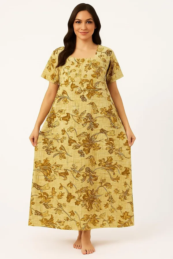 Yellow_Pure_Cotton_Frock_Nighty_With_Pocket_Free_Size_Maxi_Dress_Cotton_Night_Dress_Gown_Stylish_Cotton_Nighty