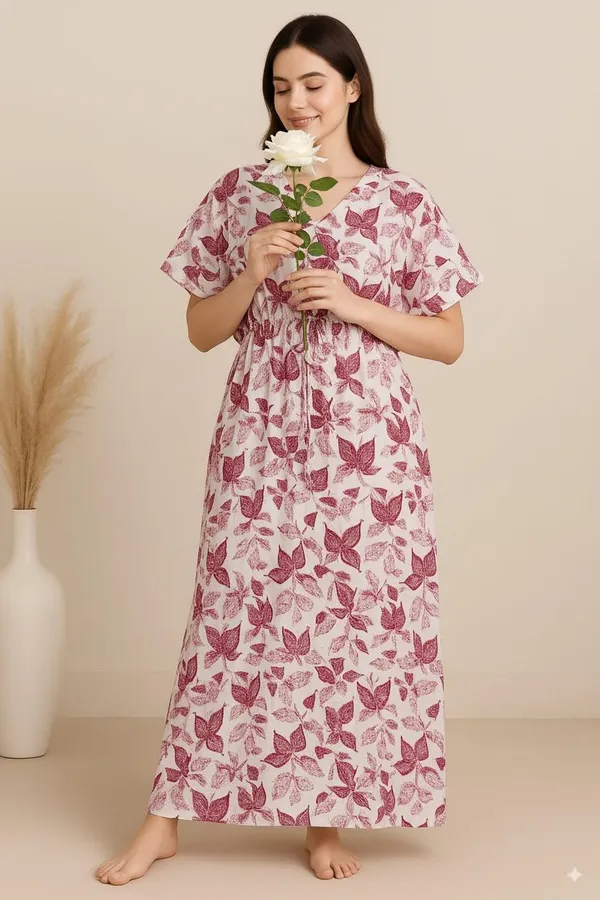 Pack_Of_1_Dark_Pink_Pure_Cotton_Kaftan_Nighty_For_Women_Free_Size_White_Maxi_Dress_Long_Kaftan_Night_Suit_Stylish_Cotton_Nighty_For_Women