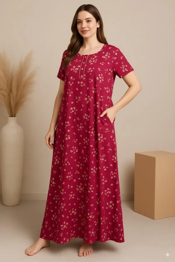Pack_Of_2_Dark_Pink_&_Yellow_Cotton_Nighty_For_Women_Free_Size_Gown_With_Pocket_Pure_Cotton_Nighties_Stylish_Maxi_Sleepwear_Combo