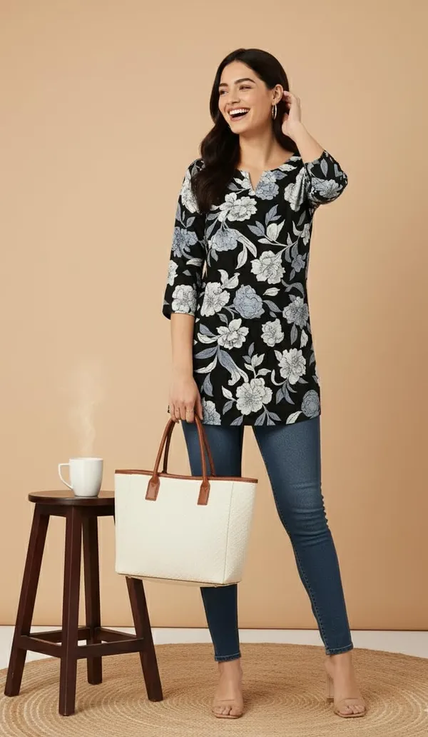 Black_Rayon_Short_Kurti_For_Women_Casual_Office_Wear_Kurtis_Women's_Tops_Tunics_Tops_For_Jeans_3/4_Sleeve_Printed_Design_Regular_Fit