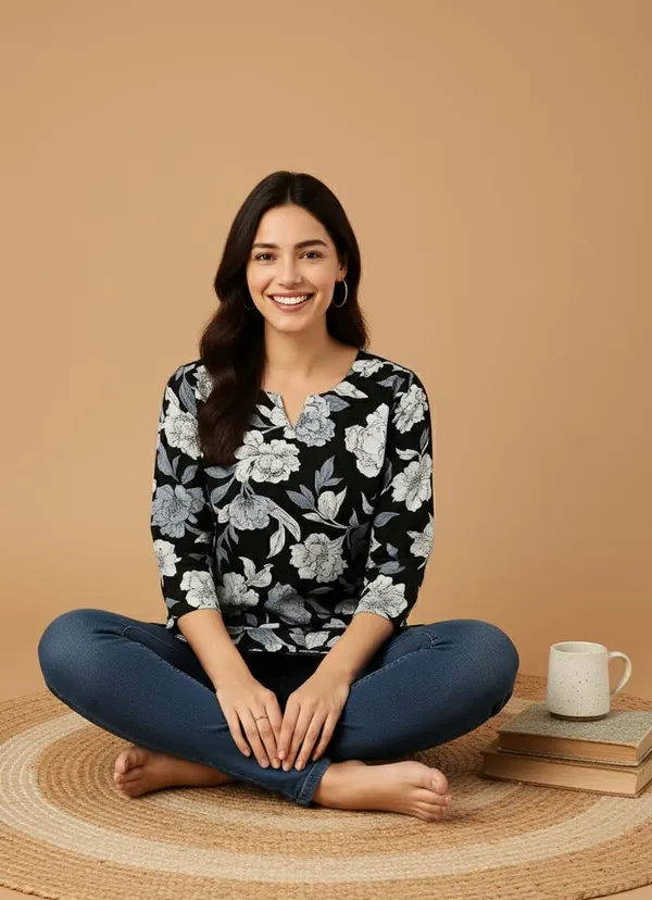 Black_Rayon_Short_Kurti_For_Women_Casual_Office_Wear_Kurtis_Women's_Tops_Tunics_Tops_For_Jeans_3/4_Sleeve_Printed_Design_Regular_Fit