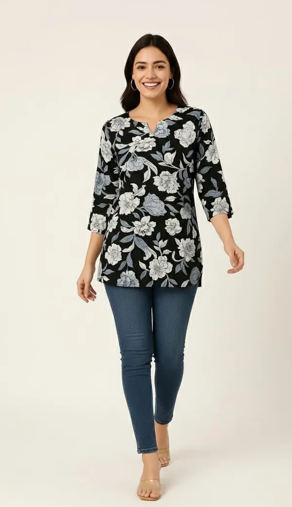Black_Rayon_Short_Kurti_For_Women_Casual_Office_Wear_Kurtis_Women's_Tops_Tunics_Tops_For_Jeans_3/4_Sleeve_Printed_Design_Regular_Fit