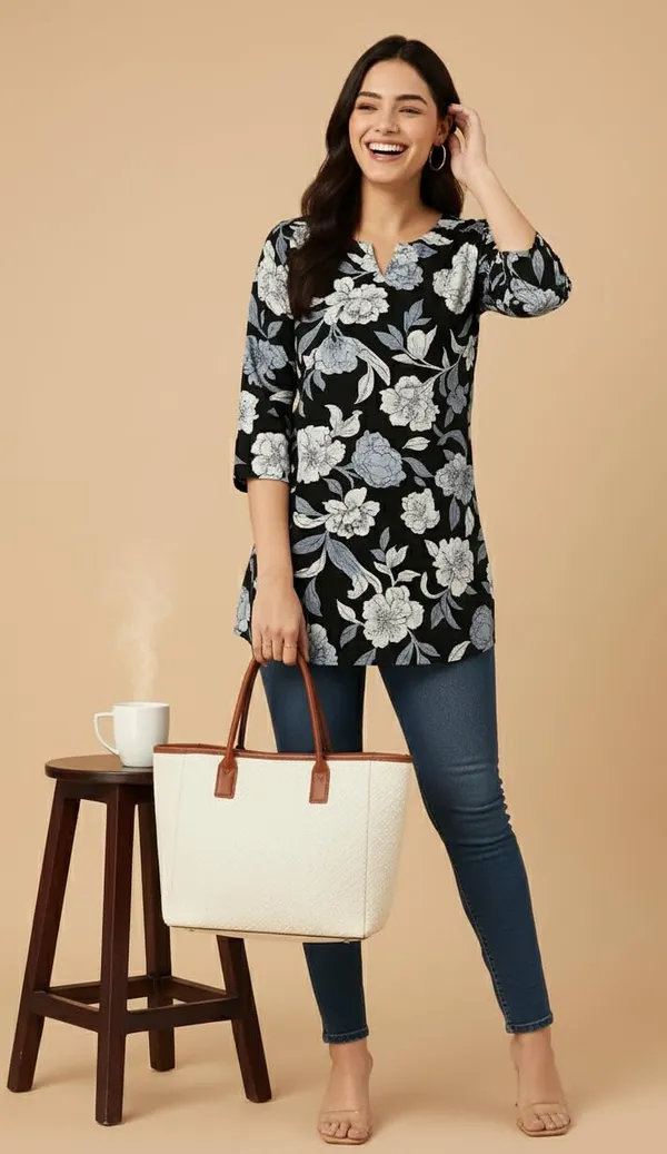 Black_Rayon_Short_Kurti_For_Women_Casual_Office_Wear_Kurtis_Women's_Tops_Tunics_Tops_For_Jeans_3/4_Sleeve_Printed_Design_Regular_Fit